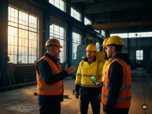 Shift workers in high-visibility vests attend an early-morning safety briefing at an industrial facility, one holding a smartphone with a training message.