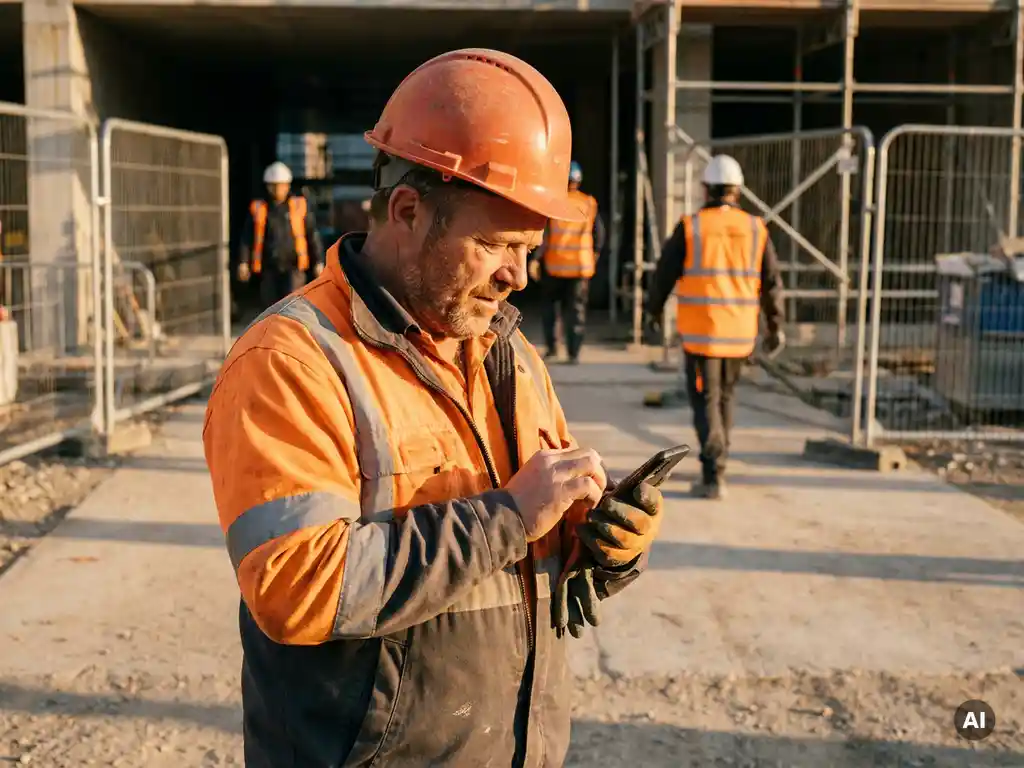 Subcontractor in a hard hat reading a safety briefing on a smartphone at a construction site entrance during golden morning light.