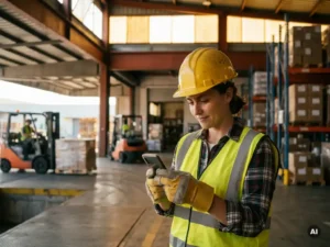 Temporary warehouse worker in a hard hat reading safety instructions on a smartphone at a busy loading dock.