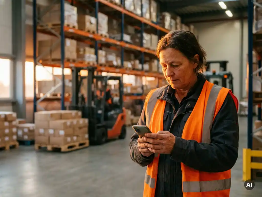Tijdelijke medewerker in veiligheidsvest leest smartphone op drukke magazijnevloer, omgeven door stellingen en heftrucks.