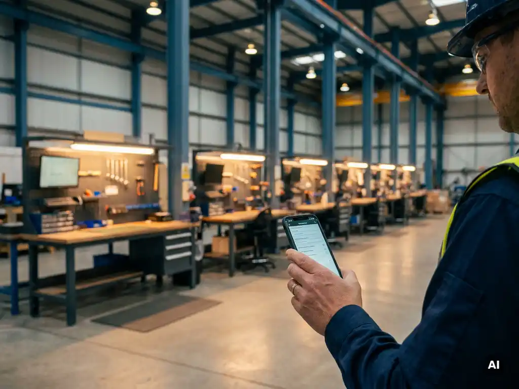 Uniformed medewerker met smartphone met digitale checklist in een industriële faciliteit met identieke werkstations op de achtergrond.