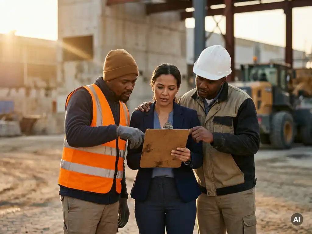 Vaste medewerker, flexwerker en onderaannemer bekijken samen een klembord op een industriële bouwplaats.