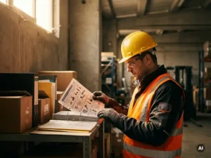 Magazijnmedewerker met helm bestudeert gelamineerd veiligheidsblad uit stapel documenten op metalen schap in industriële opslagruimte.