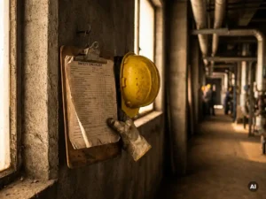 Verouderd veiligheidsformulier op klembord naast geel veiligheidshelm, arbeider met handschoen in industriële gang.