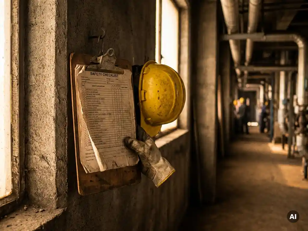Verouderd veiligheidsformulier op klembord naast geel veiligheidshelm, arbeider met handschoen in industriële gang.