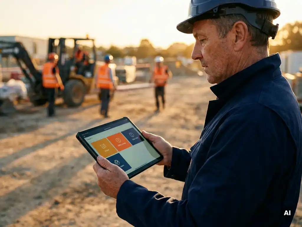 Veiligheidscoördinator op bouwplaats met tablet met kleurgecodeerde trainingsmodules, arbeiders op de achtergrond in gouden avondlicht.