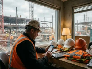 Bouwplaatsopzichter controleert veiligheidschecklist op smartphone, met actieve werkterreinen zichtbaar door groot raam op de achtergrond.