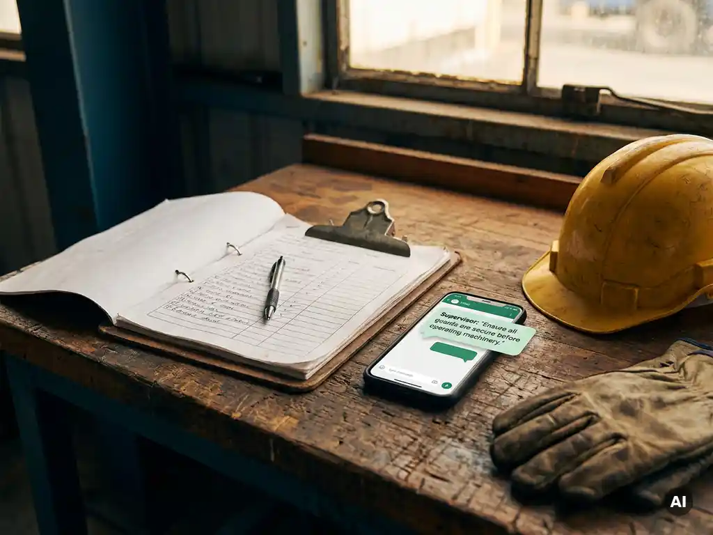 Veiligheidsklembord met checklist op industriële werkbank, naast smartphone met chat-interface, helm en werkhandschoenen.