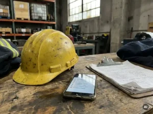 Versleten gele veiligheidshelm op houten werkbank naast smartphone met trainings­checklist en klembord met inspectie­aantekeningen.
