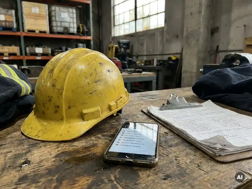 Versleten gele veiligheidshelm op houten werkbank naast smartphone met trainings­checklist en klembord met inspectie­aantekeningen.