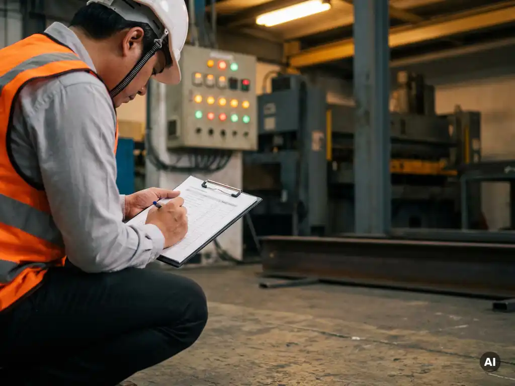 Veiligheidsinspecteur met helm en hesje controleert klembord op industriële werkvloer naast dashboard met gekleurde indicatielampjes.
