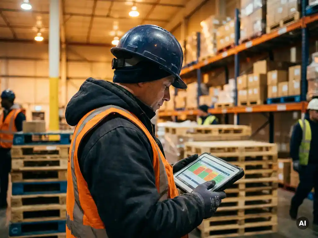 Veiligheidsinspecteur met digitaal klembord op actieve magazijnvloer, gekleed in helm en oranje veiligheidsvest.