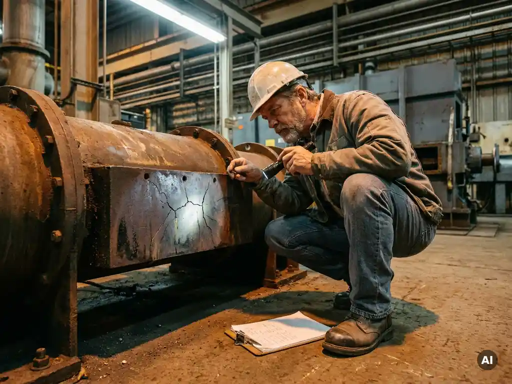 Veiligheidsinspecteur onderzoekt terugkerend scheurpatroon op versleten industriële apparatuur op fabrieksvloer.