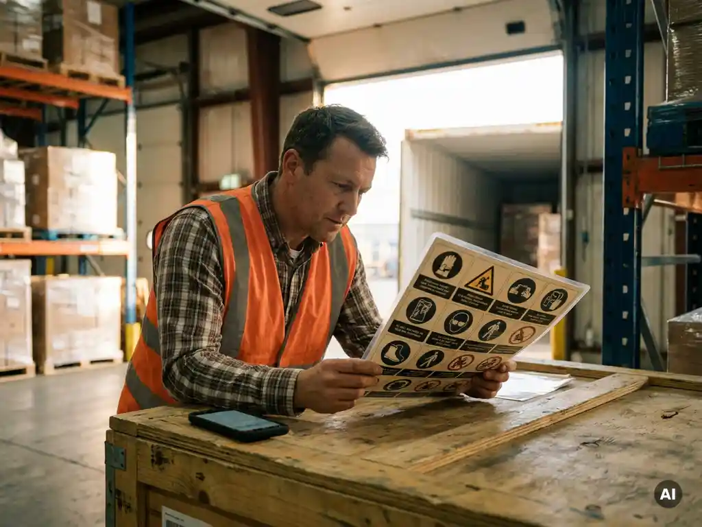 Magazijnmedewerker in veiligheidsvest bestudeert pictogramkaart met veiligheidsinstructies naast smartphone op houten kist.