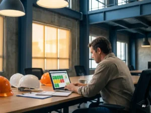 Veiligheidsmanager bekijkt digitaal dashboard met kleurgecodeerde statusoverzichten op laptop, omringd door helmen en klemborden op industrieel kantoor.
