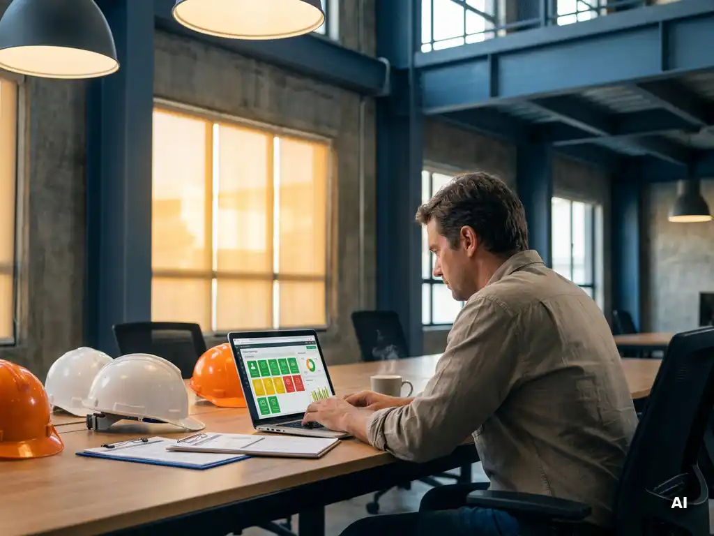 Veiligheidsmanager bekijkt digitaal dashboard met kleurgecodeerde statusoverzichten op laptop, omringd door helmen en klemborden op industrieel kantoor.