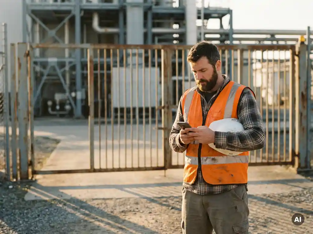 Veldtechnicus in veiligheidsvestje leest smartphone bij ingang industriële faciliteit, helm onder arm, warm ochtendlicht.