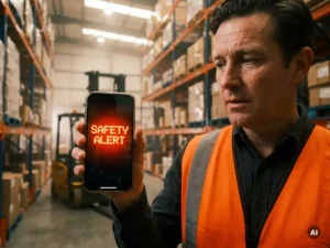 Magazijnmedewerker in oranje veiligheidsvest leest dringende veiligheidswaarschuwing op smartphone, industriële achtergrond zacht onscherp.