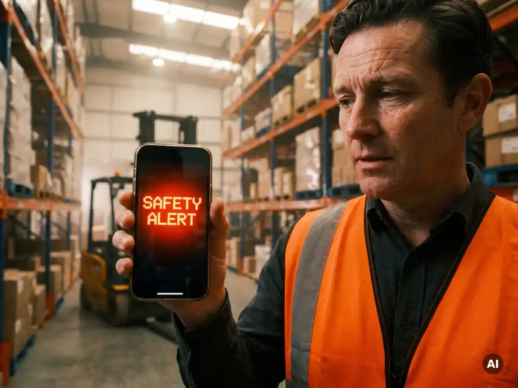 Magazijnmedewerker in oranje veiligheidsvest leest dringende veiligheidswaarschuwing op smartphone, industriële achtergrond zacht onscherp.