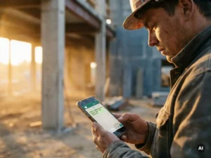 Bouwvakker met helm leest veiligheidsbericht op smartphone op bouwplaats, betonnen vloer en stalen balken op achtergrond.