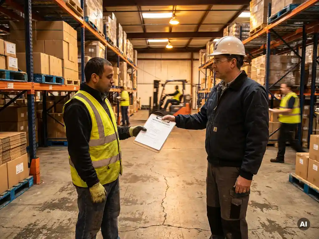 Veiligheidssupervisor overhandigt inspectielijst aan magazijnmedewerker in oranje veiligheidsvest op actieve werkvloer.