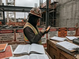 Bouwvakker met helm op drukke industriële werkplek, omringd door papieren veiligheidshandleidingen, houdt rustig een smartphone vast.
