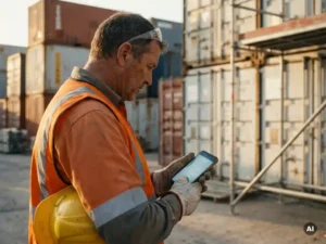 Bouwvakker in oranje veiligheidsvest leest veiligheidsinstructies op smartphone op drukke bouwplaats, helm onder de arm.