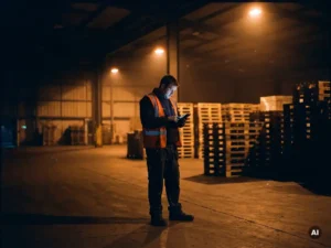 Magazijnmedewerker in veiligheidsvest leest veiligheidsinstructies op smartphone in verlicht industrieel pakhuis 's nachts.