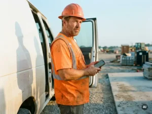 Bouwvakker in oranje veiligheidsvest leest toolboxbericht op smartphone naast bestelbus op bouwplaats in ochtendlicht.