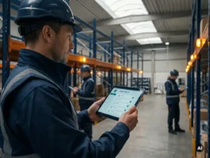 Site manager in uniform holding a tablet checklist during warehouse inspection, with colleagues conducting audits along shelving rows in the background.