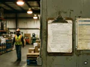 Safety agreement document on a clipboard beside a wall-mounted checklist in a logistics warehouse, worker in hi-vis vest passing in background.