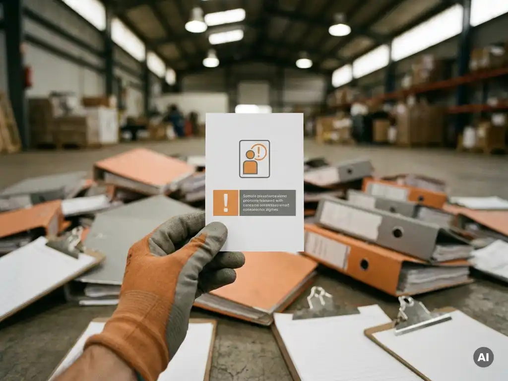 Gloved hand holding a clean safety instruction card on a warehouse floor, with binders and clipboards scattered in the background.