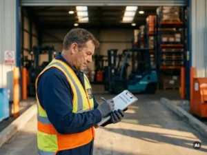 Safety officer in high-visibility vest reviewing inspection checklist clipboard at industrial warehouse entrance, forklifts and shelving in background.