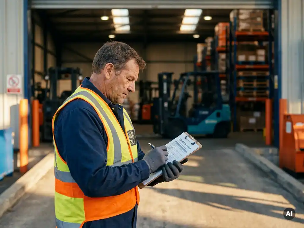 Safety officer in high-visibility vest reviewing inspection checklist clipboard at industrial warehouse entrance, forklifts and shelving in background.