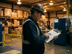 Safety inspector reviewing clipboard report on active warehouse floor with caution tape marking a nearby hazard zone.