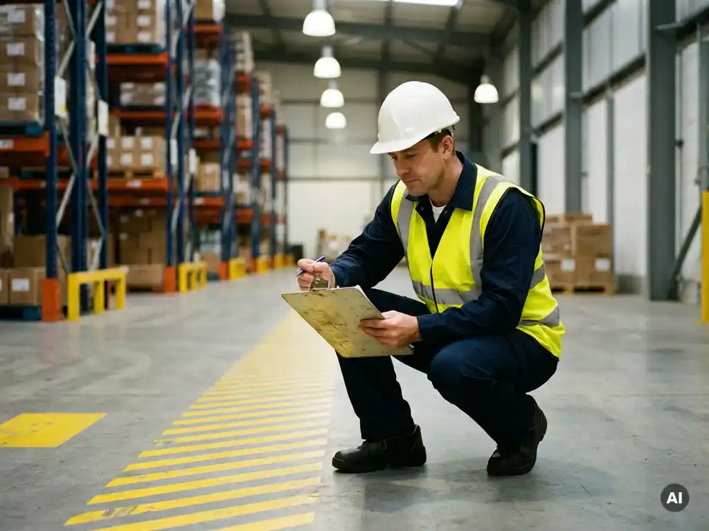 Safety inspector in high-visibility vest and hard hat reviewing clipboard beside yellow hazard zone markings on warehouse floor.