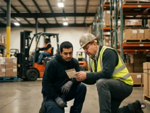 Safety manager and warehouse worker reviewing a laminated safety card together on an active logistics floor.