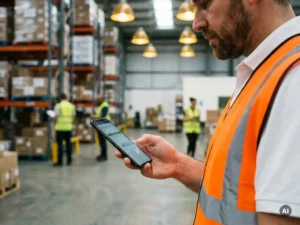 Safety officer in high-visibility vest reviewing compliance data on smartphone on an active warehouse floor.
