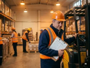 Warehouse supervisor with clipboard reviewing forklift inspection checklist on active logistics floor, safety vests and hard hats visible in background.