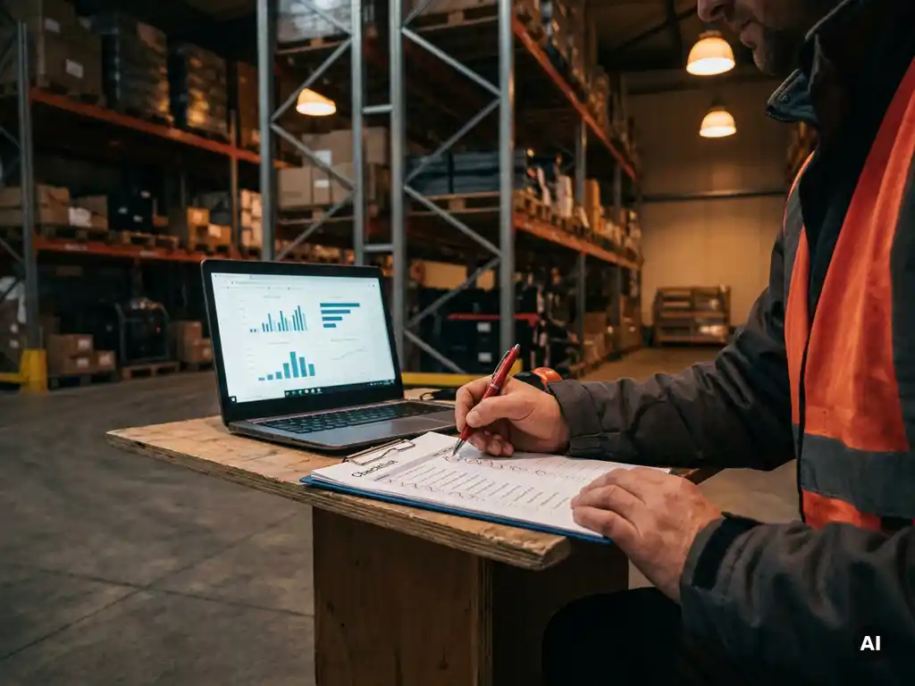 Field supervisor circling findings on a printed warehouse inspection checklist beside an open laptop showing data charts.