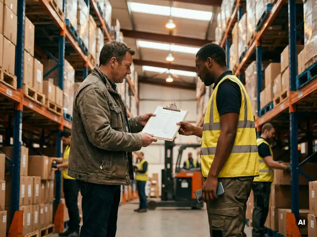 Warehouse supervisor handing a printed inspection checklist to a worker in a high-visibility vest near industrial shelving.