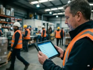Warehouse supervisor reviewing a tablet dashboard with green completion checkmarks on a worker roster, hard-hatted employees visible in background.