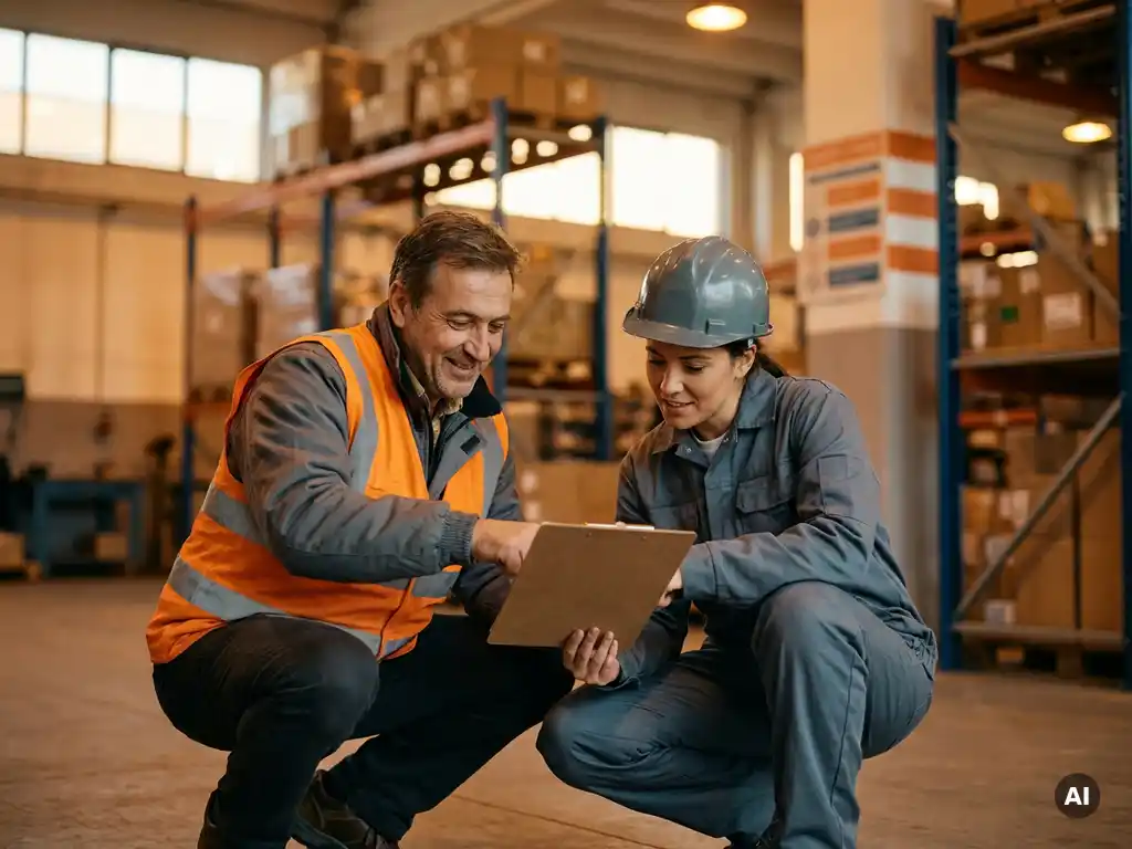Warehouse supervisor and frontline worker reviewing clipboard notes together beside a storage rack in warm golden light.