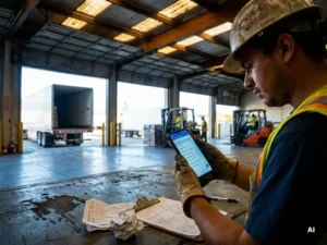 Hard-hatted warehouse worker reviewing a digital inspection checklist on a smartphone at a loading dock, paper forms discarded nearby.