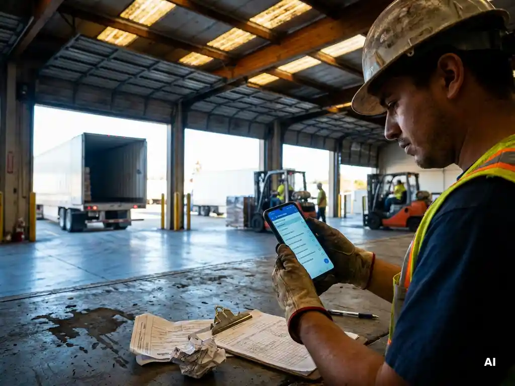 Hard-hatted warehouse worker reviewing a digital inspection checklist on a smartphone at a loading dock, paper forms discarded nearby.