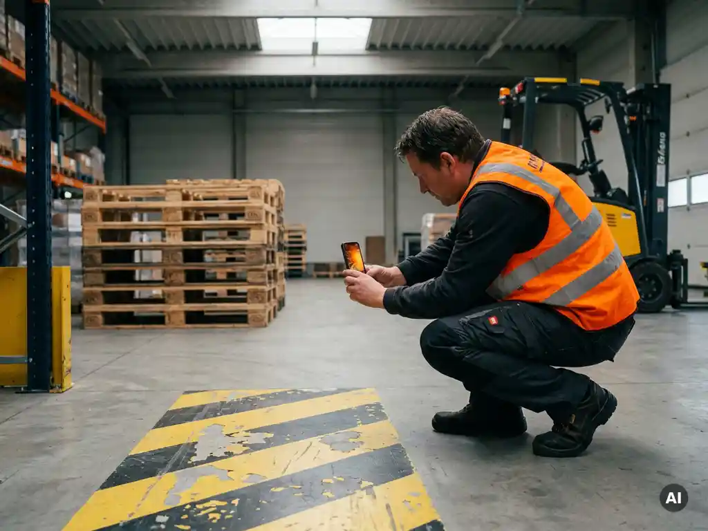 Worker in safety vest photographing damaged floor marking in a warehouse, with wooden pallets and forklift visible in the background.