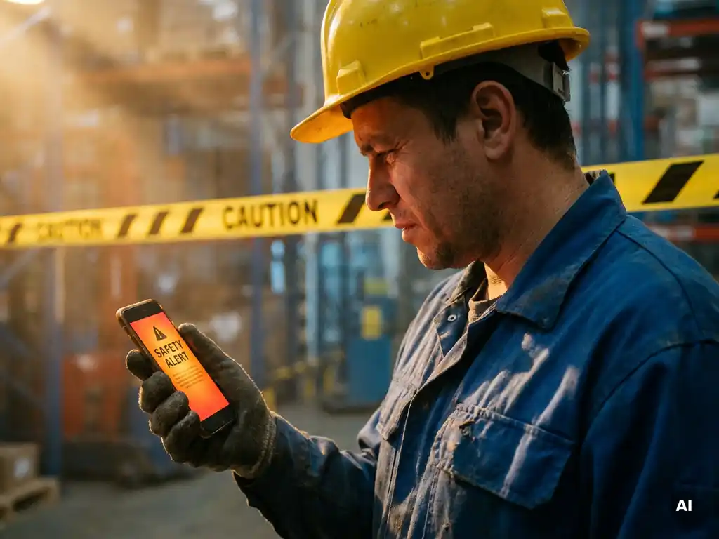 Warehouse worker in hard hat reading urgent safety alert on smartphone, yellow caution tape stretched across blurred industrial background.