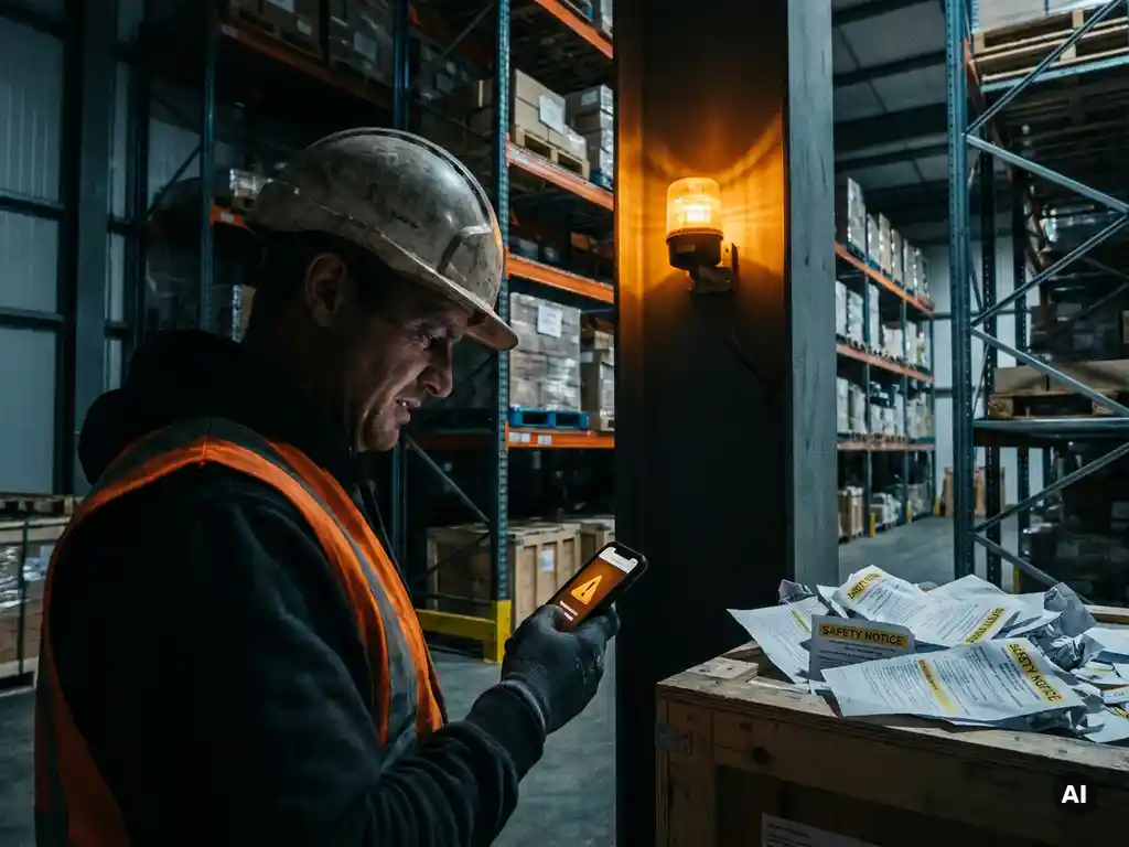 Warehouse worker in hard hat reading safety alert on smartphone under amber warning light, with unread paper notices on nearby crate.