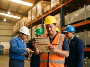 Warehouse worker in high-visibility vest reviewing a laminated safety card alongside colleagues in color-coded hard hats amid industrial shelving.