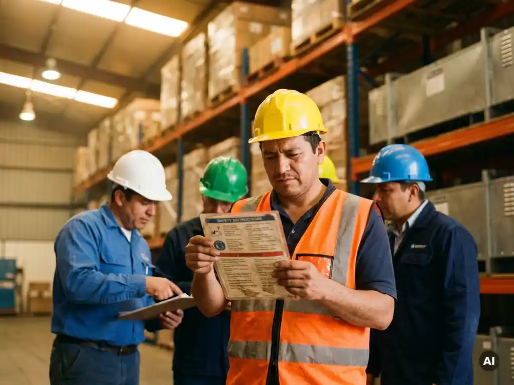 Warehouse worker in high-visibility vest reviewing a laminated safety card alongside colleagues in color-coded hard hats amid industrial shelving.